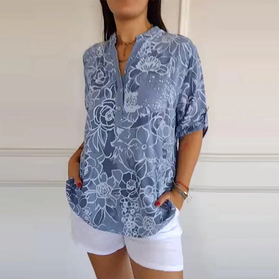 V-Neck Button-Down Printed Blouse