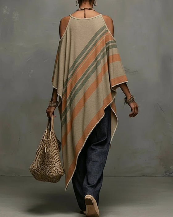 Striped Halter Off-Shoulder Asymmetrical Blouse