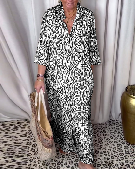 Vintage printed lapel pocket maxi dress