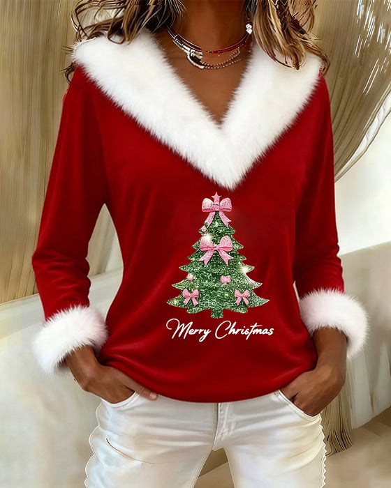 Large Fur Collar Christmas Print Top