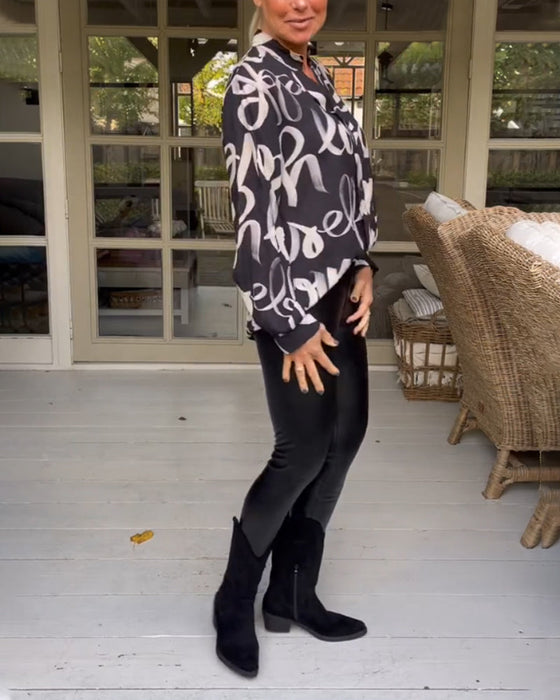 Printed v-neck long-sleeved blouse