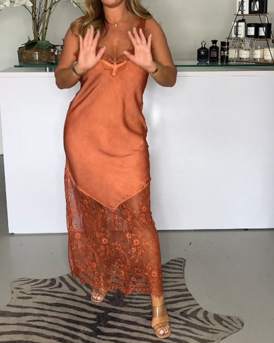 Solid color lace suspender dress