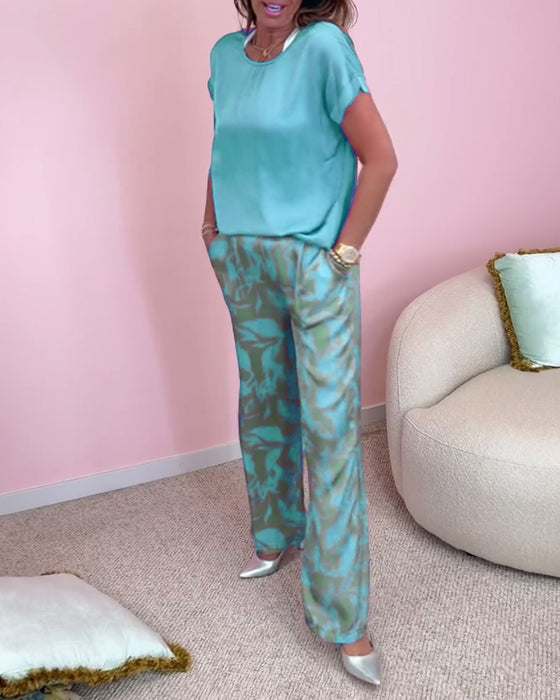 Casual printed short sleeve pocketed set