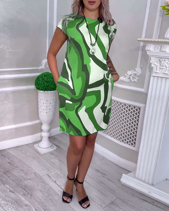 Printed crew neck raglan sleeves pocket dress