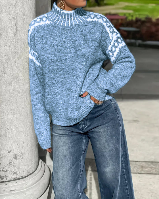 High Neck Patterned Contrast Sweater