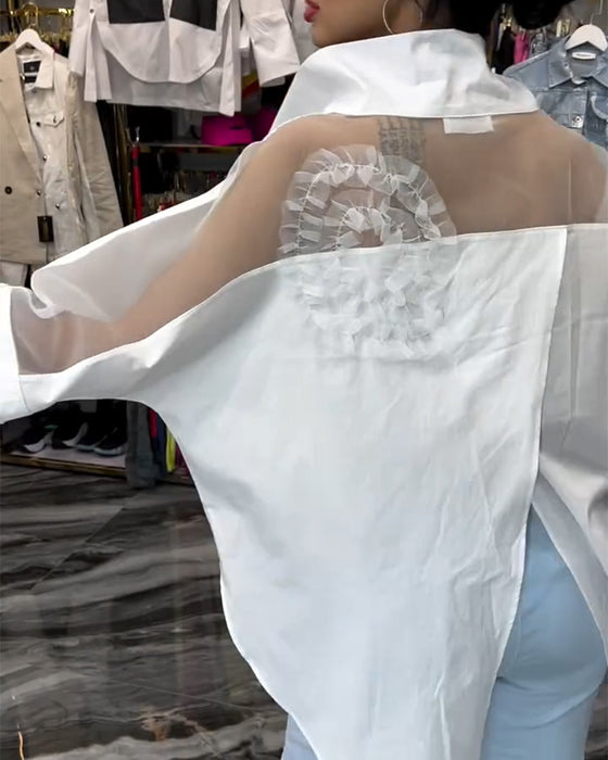 Lapel lace stitching flower blouse