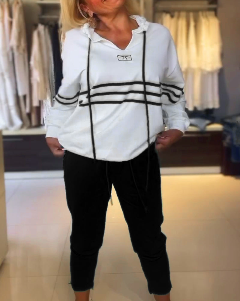 Casual striped print hooded sweatshirt set