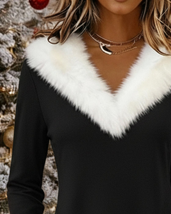 Furry V-Neck Contrast Dress