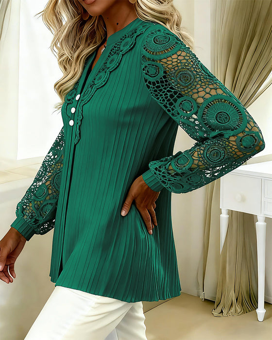 Lace Paneled Long-Sleeved V-Neck Blouse