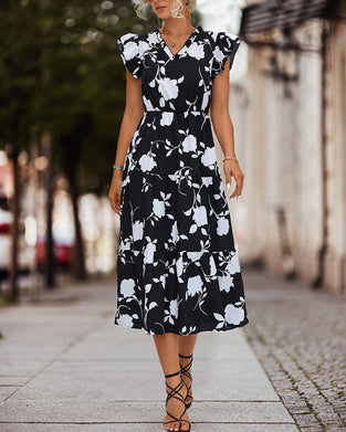 Floral print dress with ruffled sleeves