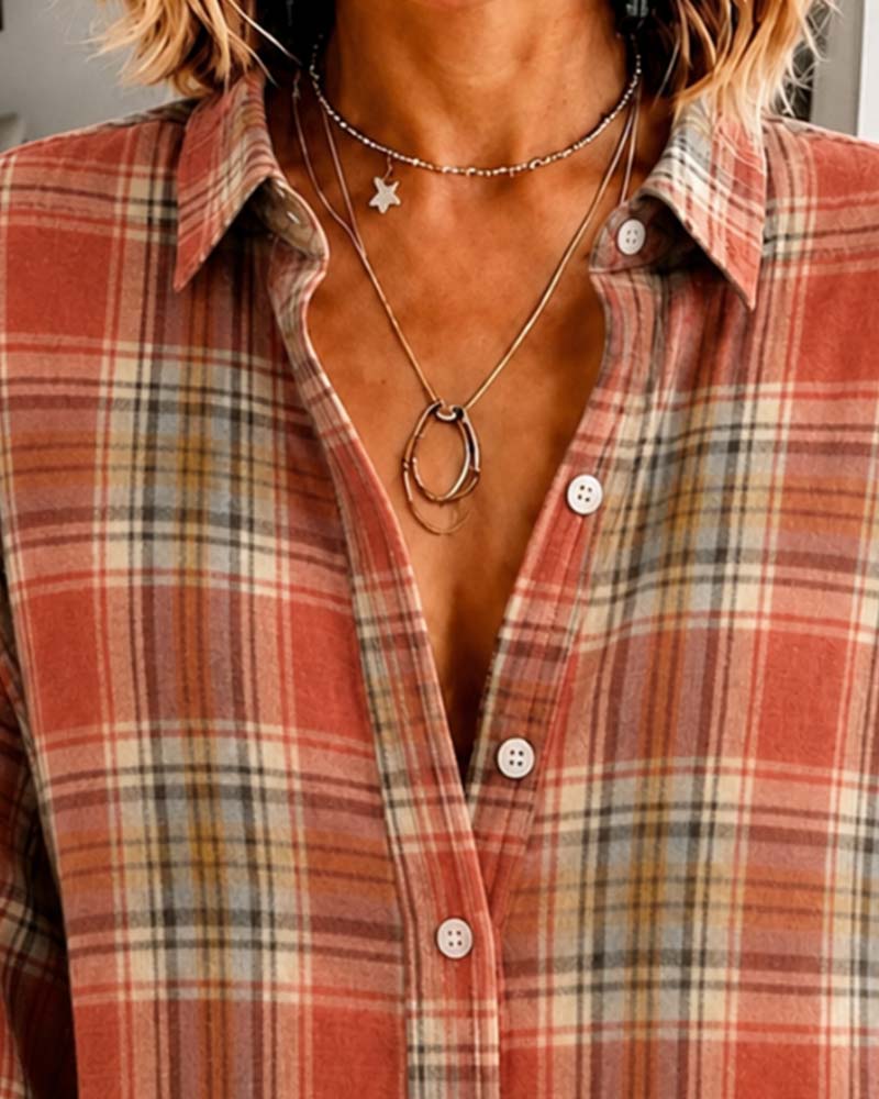Lapel Checkered Long Sleeve Shirt