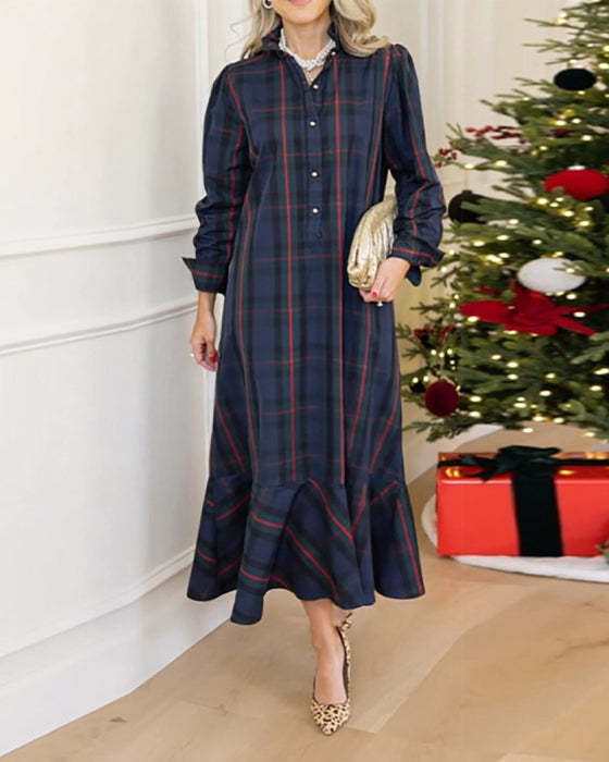 Casual Plaid Long-Sleeved Dress
