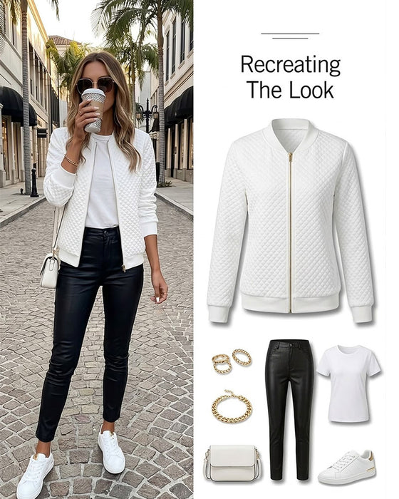 Diamond Quilted Stand Collar Zipper Coat