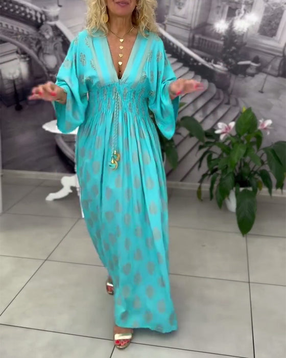 Loose Holiday Print Waist Maxi Dress