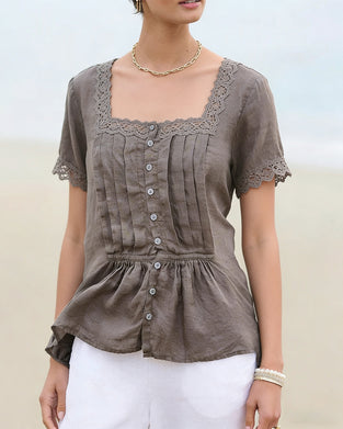 Lace Panel Square Neck Short Sleeve Blouse