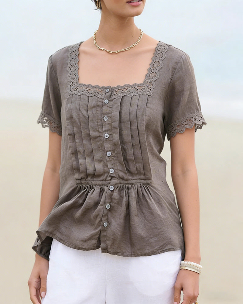 Lace Panel Square Neck Short Sleeve Blouse