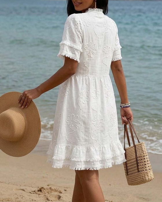 Stand Collar Half Placket Fringe Dress