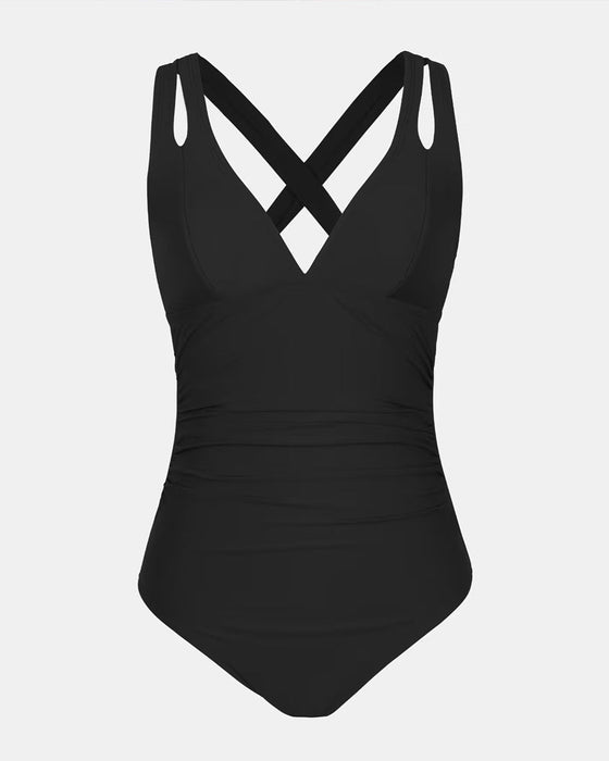 Solid color suspender one-piece swimsuit