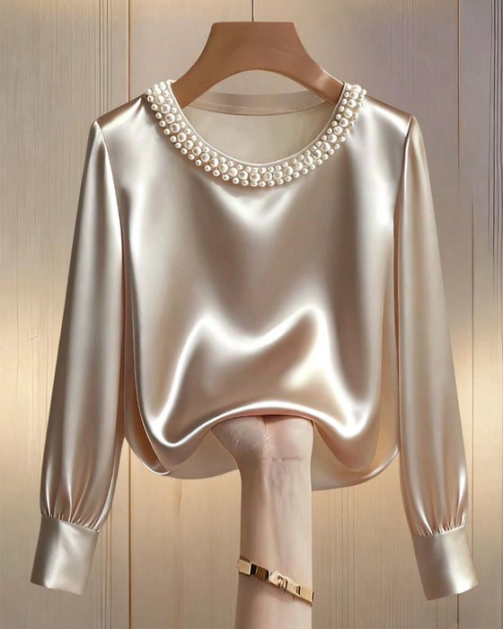Solid Color Long-Sleeved Rhinestone Collar Shirt