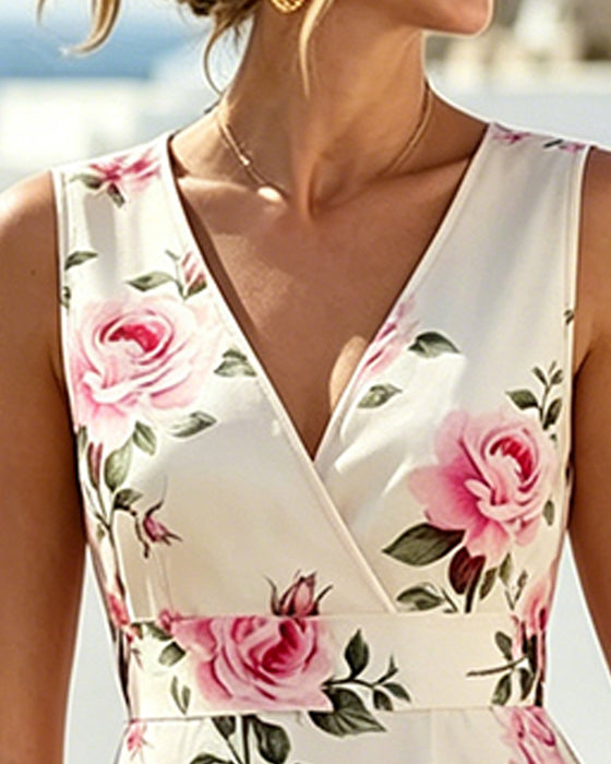 Floral V-Neck Sleeveless Waist A-Line Dress
