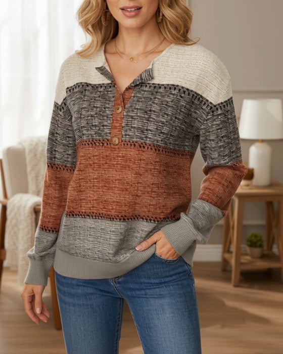 Button-Up Fashion Color Block Sweatshirt