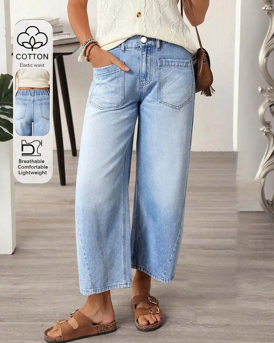 Denim Elastic Waist Wide-Leg Cropped Jeans