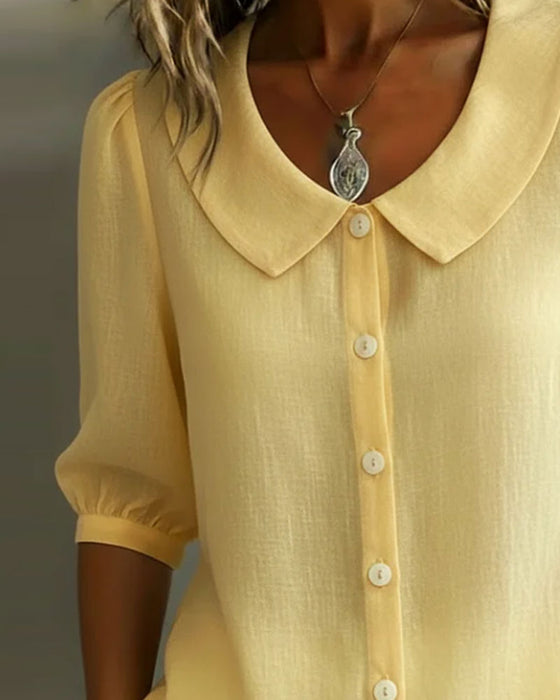 Cotton Mid-Sleeve Peter Pan Collar Shirt