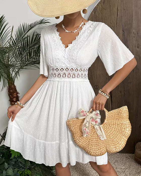 V-Neck Lace Trim Waist A-Line Dress