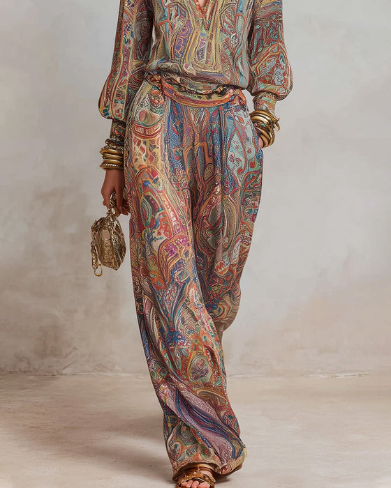 V-Neck Print Draped Casual Set