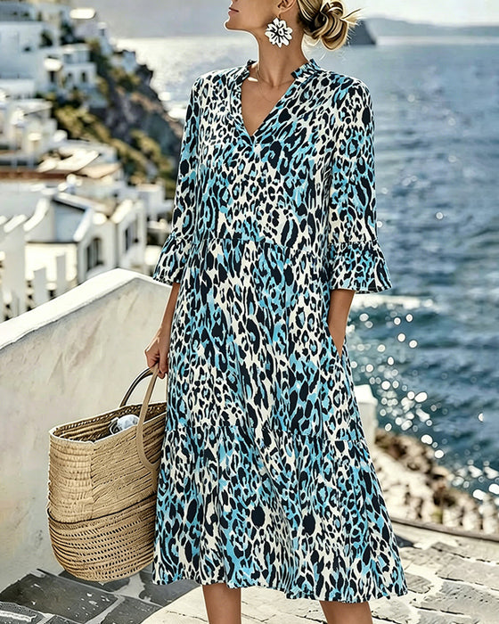 Ruffle Gradient V-Neck Leopard Dress