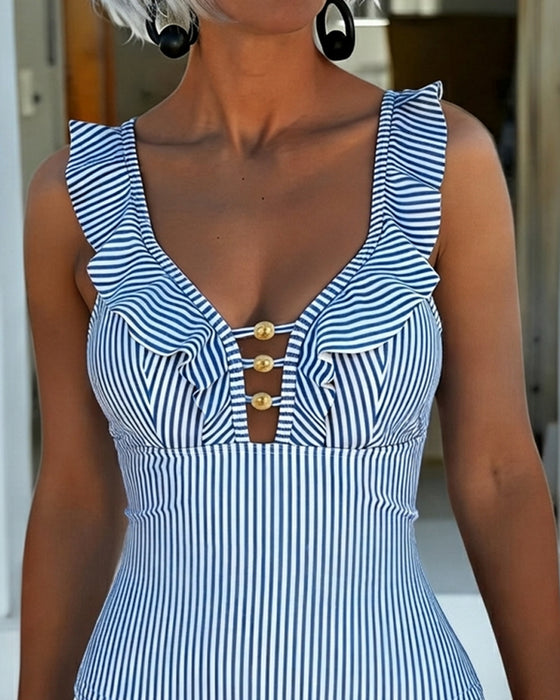 Ruffle Stripe Cutout One-Piece