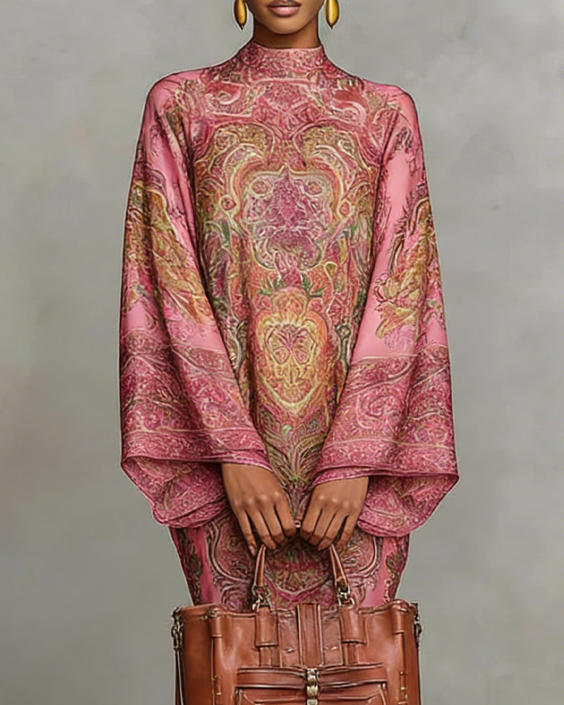 High-Neck Vintage Print Dress