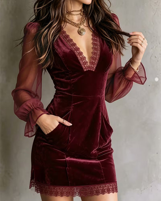 V-Neck Slim Fit Lace Patchwork Dress