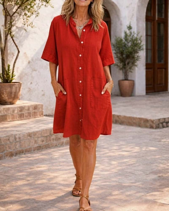 Lapel Linen Pocket Shirt Dress