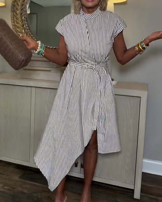 Vertical Stripe Belted Shirt Dress