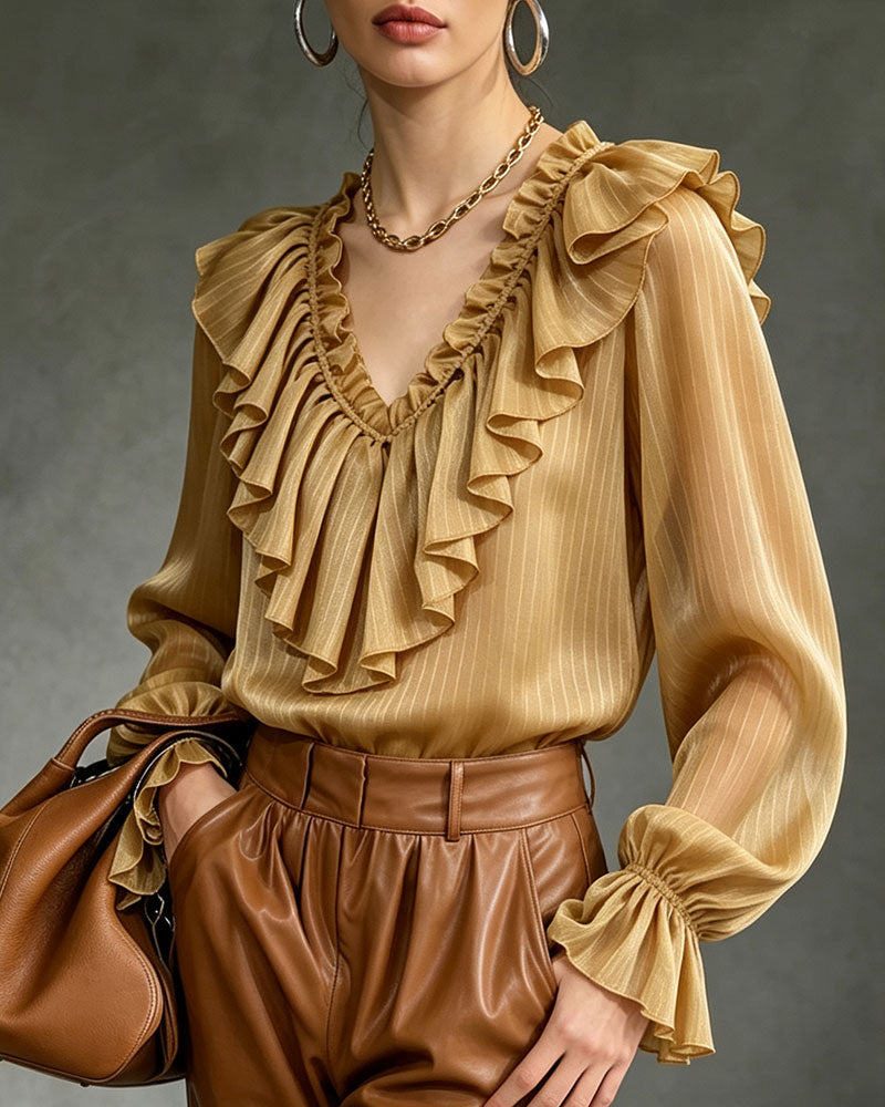 V-Neck Striped Ruffled Long-Sleeved Top