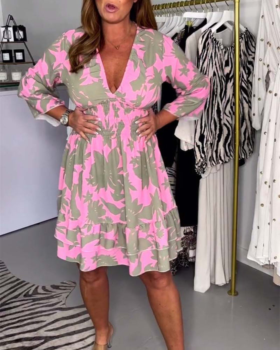 Leaf print deep V bell sleeve dress