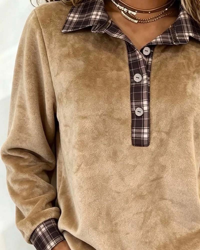 Lapel Button Plaid Patchwork Sweatshirt