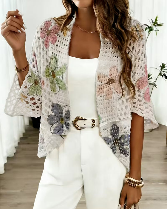 Hollow Out Floral Print Knit Cardigan