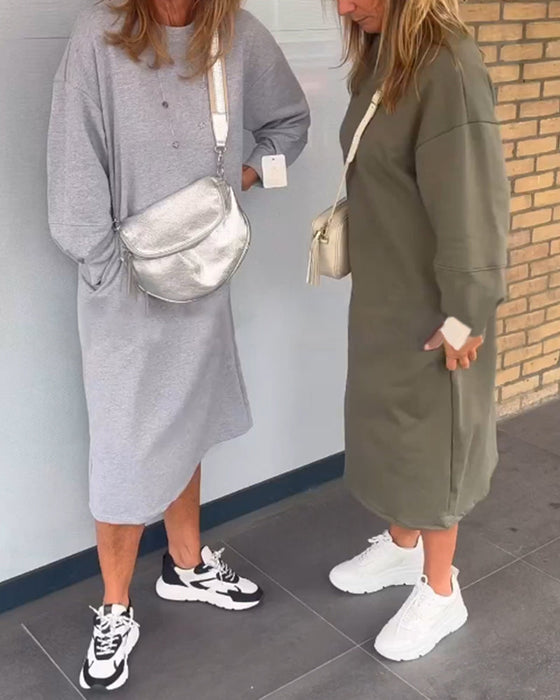 Plain crew neck pocket dress