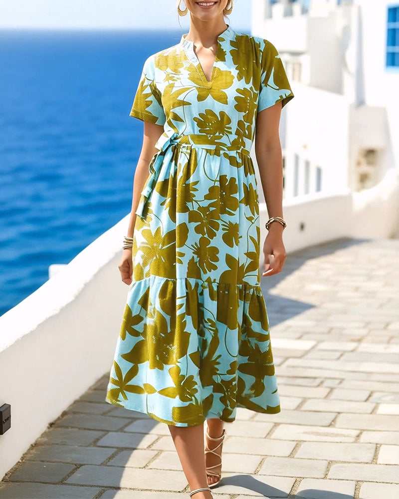 Color Block Large Floral Waist Tie Dress