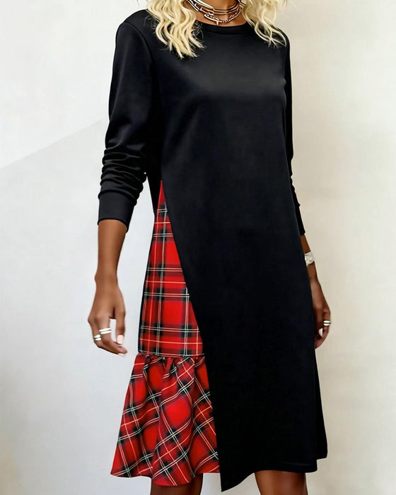 Long-Sleeved Plaid Patchwork Dress