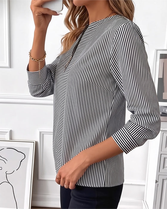 Striped Patchwork Zip Up Blouse