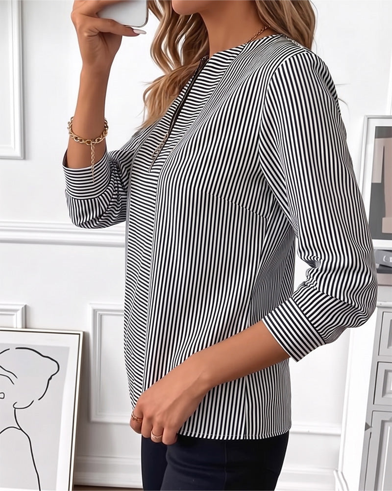 Striped Patchwork Zip Up Blouse