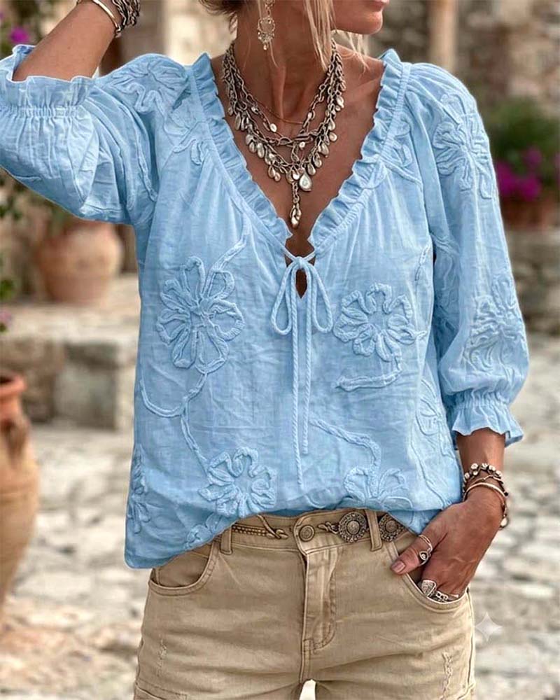 100% Cotton V-Neck Wrap Tie Ruffled Blouse