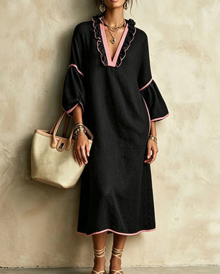 V-Neck Ruffle Color-Block Irregular Dress