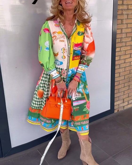 Colorful printed lapel long-sleeved dress
