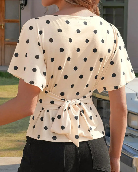 Polka Dot Waist-Cinching Round Neck Short Sleeve T-Shirt
