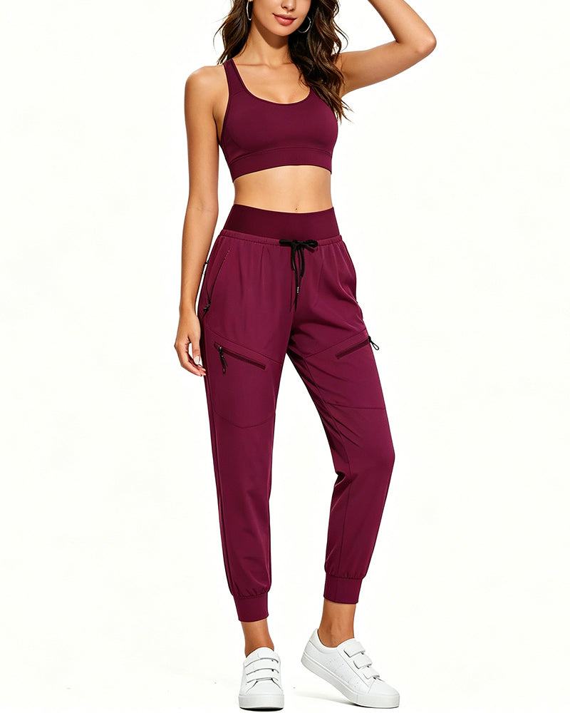 Elastic Waist Drawstring Pocket Tapered Pants