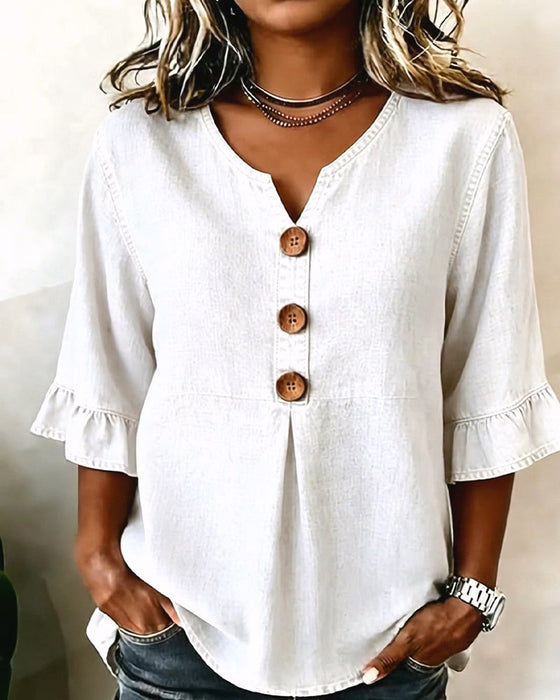 V-Neck Flared Sleeve Denim Blouse